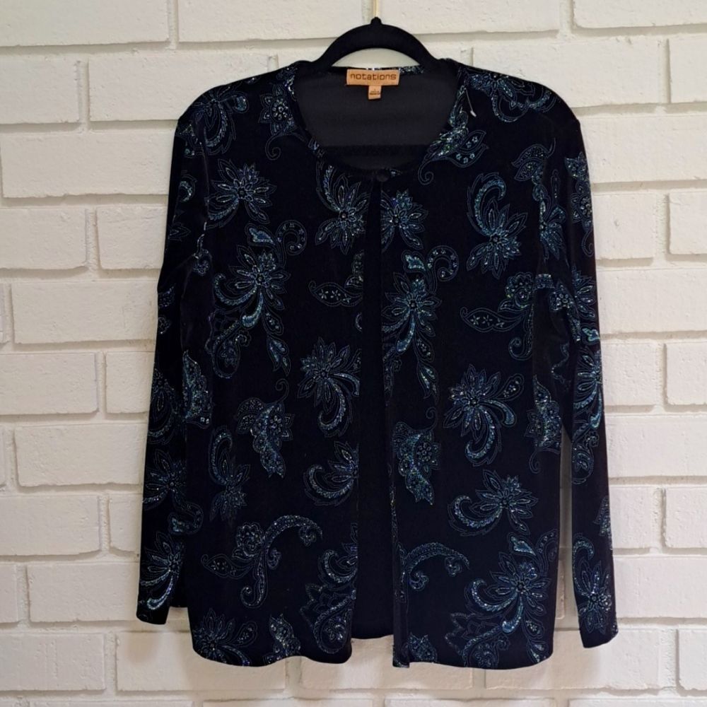 Notations Velvet Glitter Floral 1 Button Formal Top. Size Large NWOT